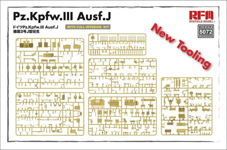 Rye Field 5072 1:35 Scale Pz Kpfw III Panzer III Ausf J Tank w/Full Interior Workable Track Plastic Assembly Model Building Kit
