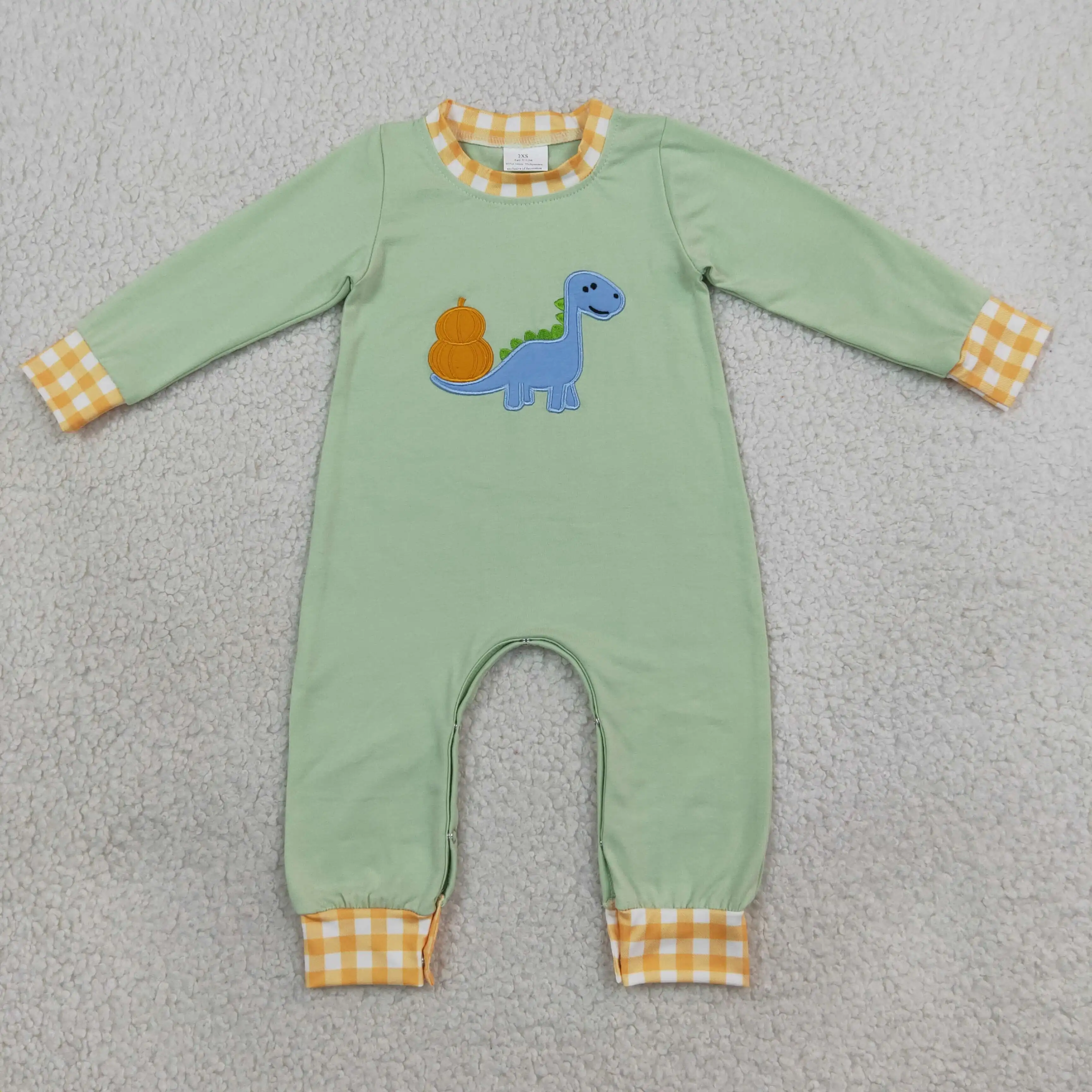 Wholesale Baby Boy Toddler Thanksgiving Children Embroidery Pumpkins Green Romper Boys Kids Newborn Coverall Fall Bodysuit