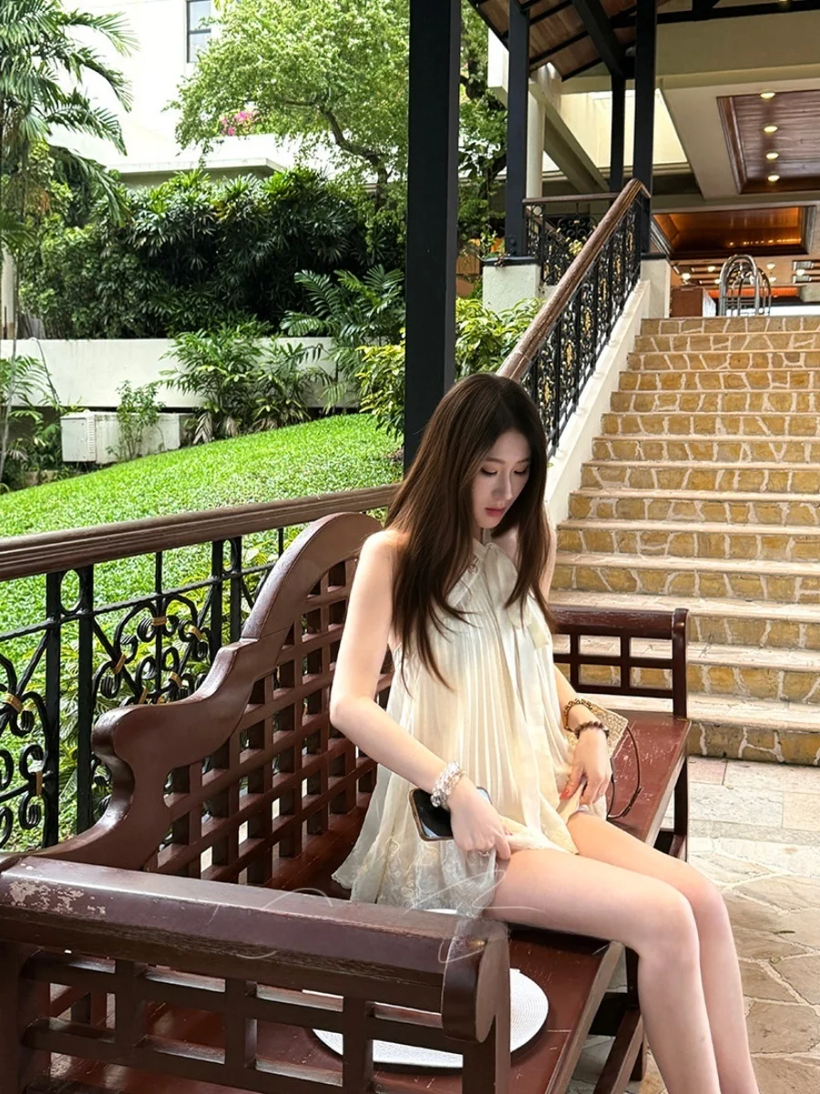 Elegant Off-Shoulder Bow-Tied Maxi Dress with Heavy Embellishments Sleeveless Gauze Flashing High-End Feeling for Young Ladies