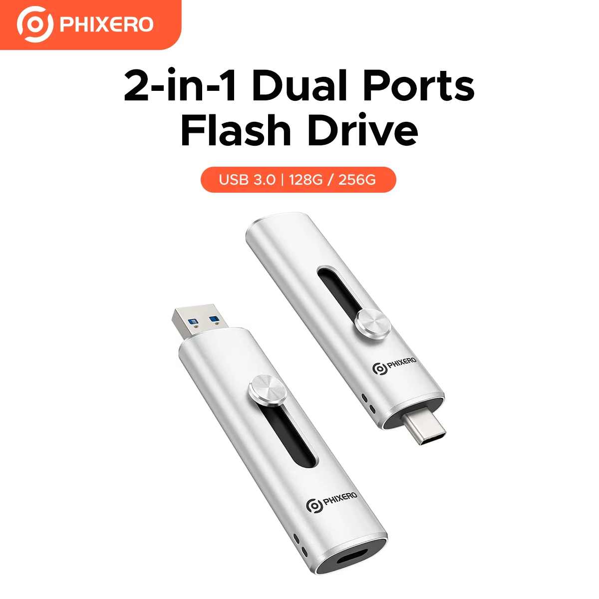 PHIXERO 2-in-1 Push-Pull-Design USB3.0 Flash Drive 128GB/256GB/512GB/1TB/2TB Flash Pen-Disk with High Speed Pocketable Silver