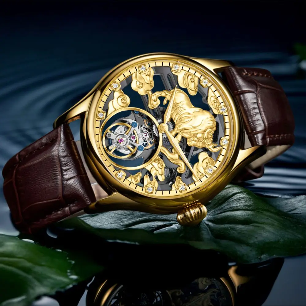 AESOP（manual7078G)Luxury Gold Bull Tourbillon Watch Men's Automatic Mechanical Wristwatch Leather Strap