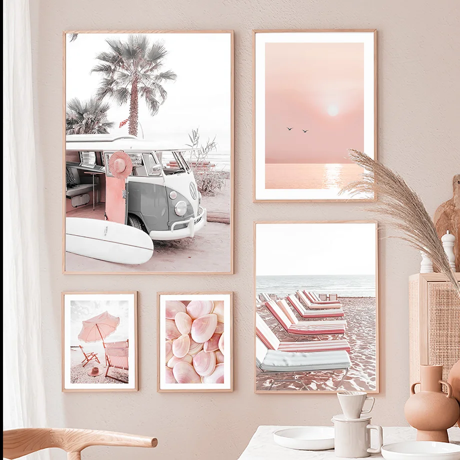 Pink Sea Beach Flamingo Vintage Van Surfboard Summer Wall Art Canvas Painting Living Room Decor Posters And Prints Wall Pictures
