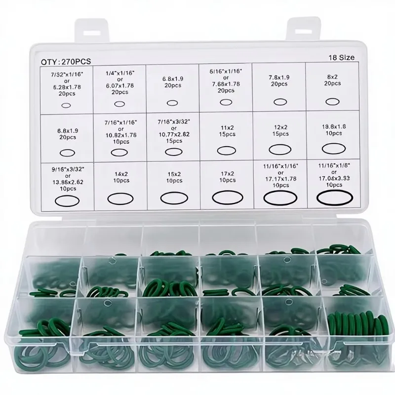 270-Piece and 530-Piece Automotive Air Conditioning O-Ring Repair Kit Green Rubber Ring Set(a partir de diez juegos)