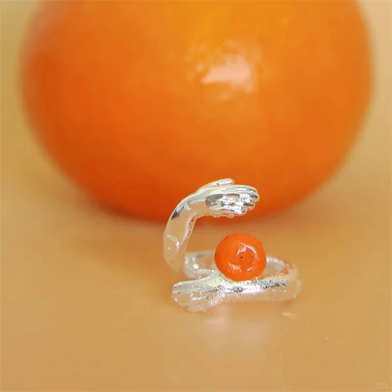 Silver Color Hands Orange Open Ring Women's Fashionable Eye-catching Small and Fresh Jewelry Rings for Afternoon Tea Gatherings