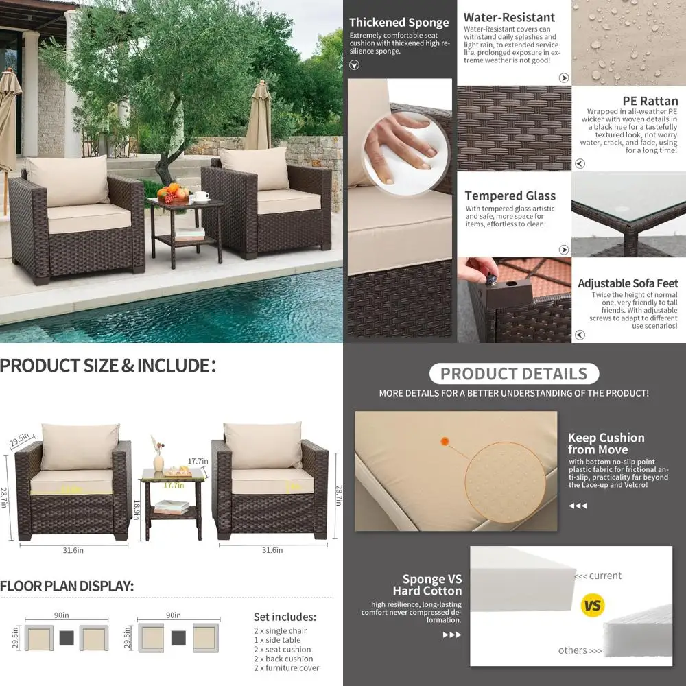 

3-Piece Outdoor Patio Furniture Set: 2 Single Sofa Chairs with Glass Top End Table