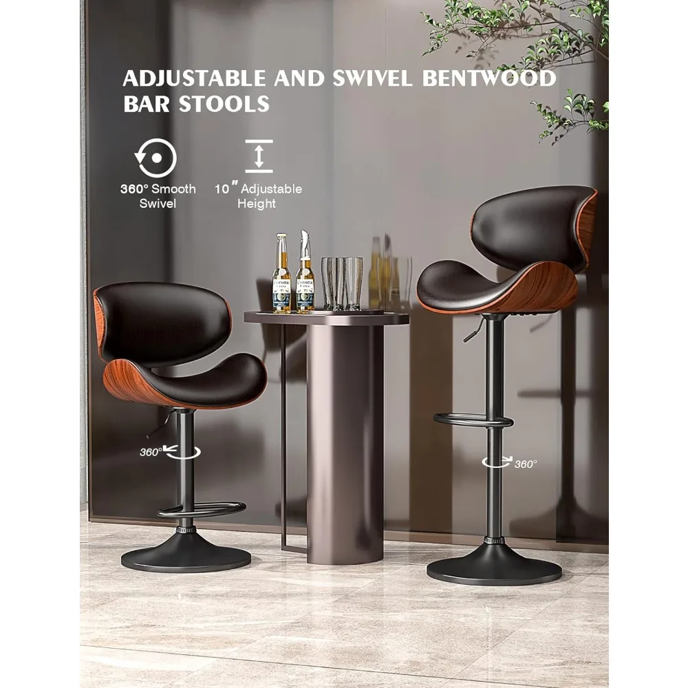 PU couro giratório ajustável Bar Stools, bancada de cozinha, barstool ilha com conjunto traseiro de 2 preto, moderno