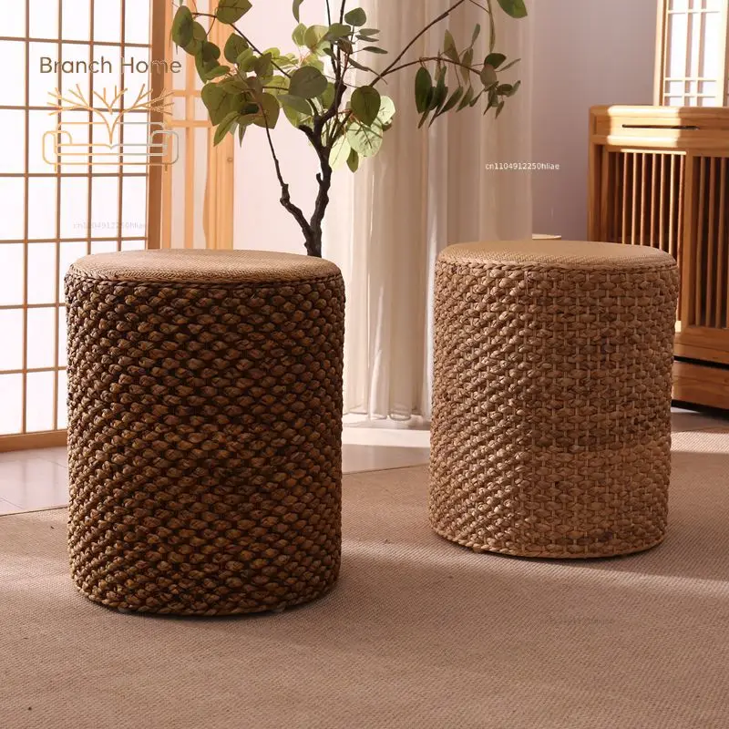 Handwoven Rattan Ottoman Stool with Solid Wood Frame, Round Boho Pouf for Entryway, Living Room, Vintage Footrest & Seat Accent