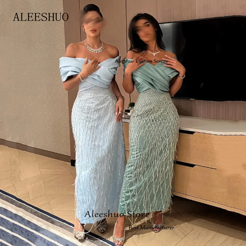 Aleeshuo Dubai Off The Shoulder Prom Dresses Tassel Saudi Arab Evening Dresses Ankle-Length Vestidos  فساتين السهرة Customized