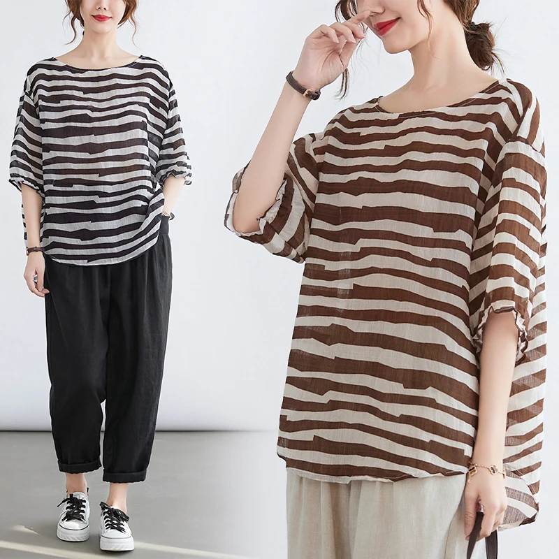

Summer Loose Batwing Sleeve T-Shirt Women's Breathable Striped Back Tie Thin Casual Top plus Size Fashionable Conceal Meat