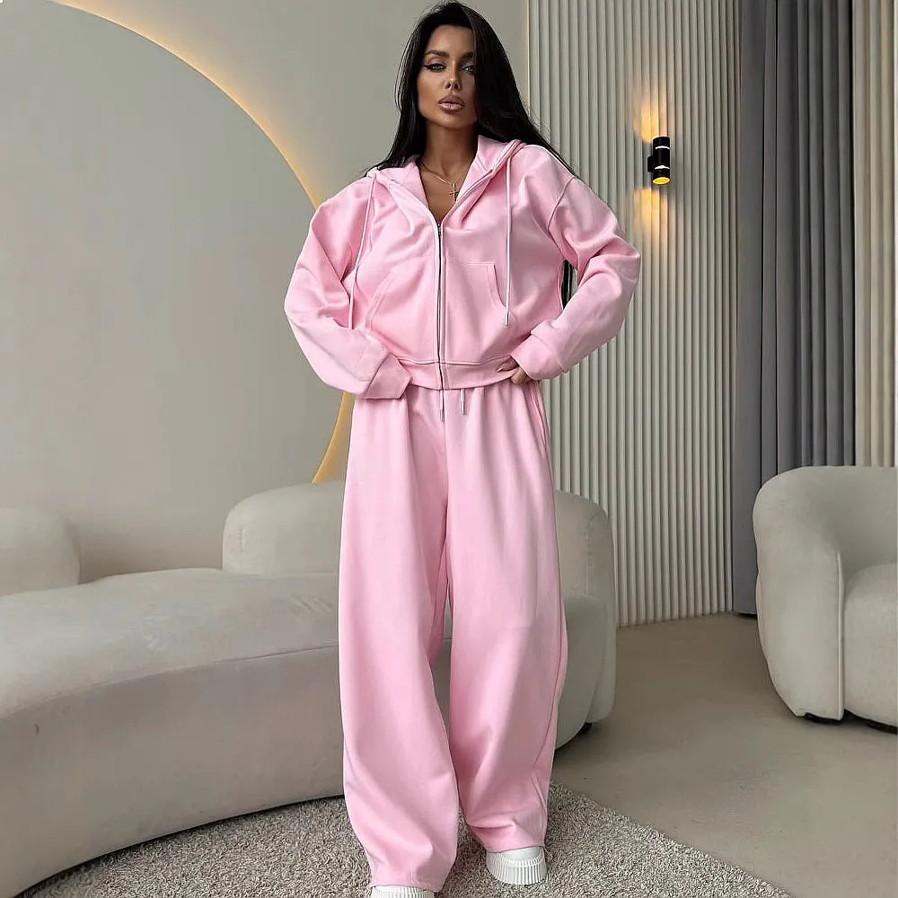Cotton Matching Set Zip Up Hoodie Drawstring Pants Two Piece Tracksuit Spring Summer