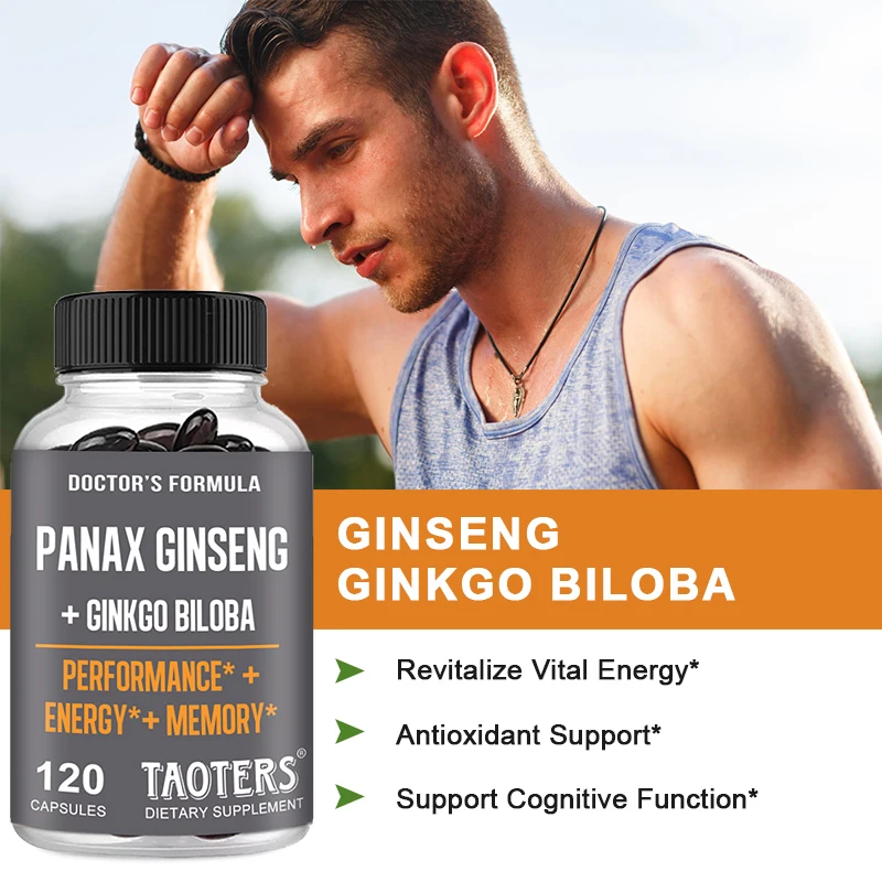 Ginseng + Ginkgo Extract Capsules - Natural Energy Boosting Supplement Improves Strength and Endurance, Promotes Overall Health