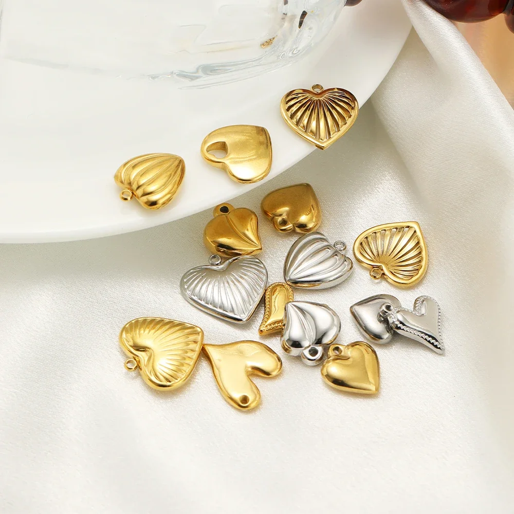 5Pcs Stainless Steel Multiple Styles Heart Charms 18k Gold Plated Pendants DIY Women Necklace Earrings Findings Jewelry Supplies