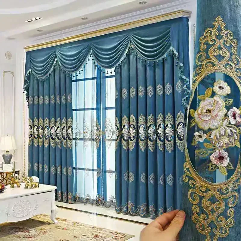 Cortinas bordadas para sala de estar, dormitorio, comedor, ventanas, puerta, Europeo, rojo hueco, boda, chenilla, cortina de sombreado alto