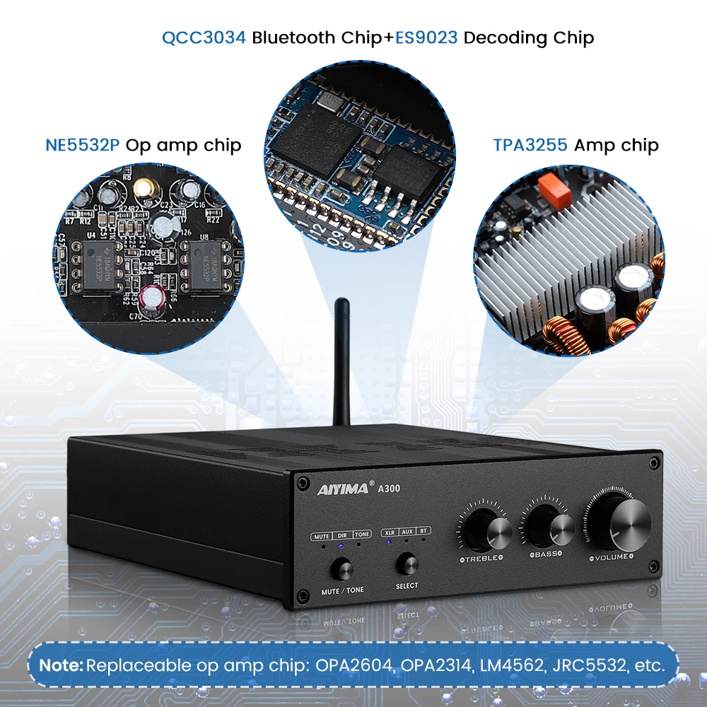 مضخم صوت AIYIMA A300 بتقنية البلوتوث 5.0 TPA3255 مضخم صوت ستيريو QCC3034 ES9023 فك APTX RCA XLR للمسرح المنزلي يمكنك صنعه بنفسك 300Wx2