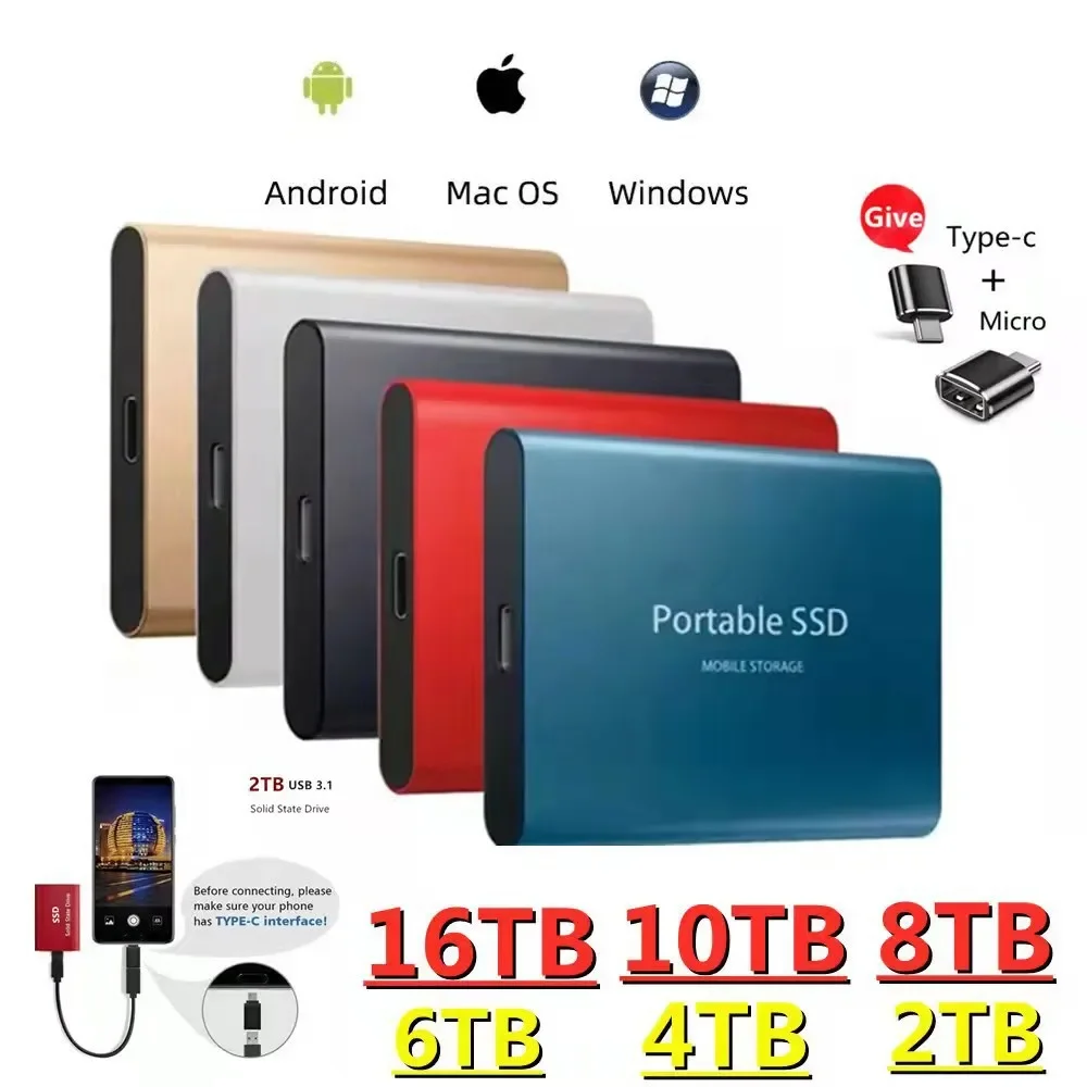 

HD External SSD 64TB Portable Hard Drive 4TB 8TB Hard Disks Type-C USB3.1 High Speed SSD 128TB Mass Storage Decive for Laptop