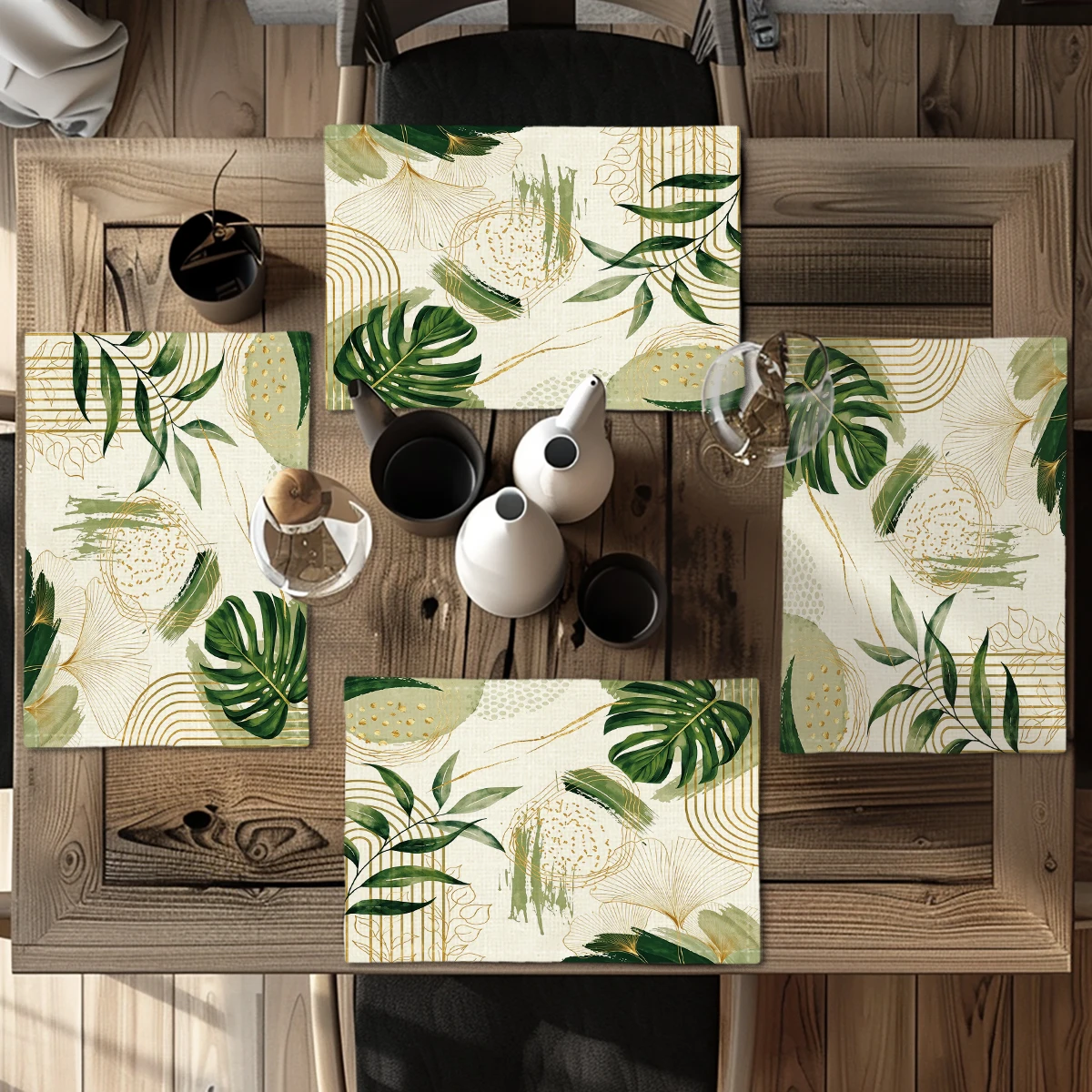 Tea Themed Pattern Polyester Placemats, Set of 4 - Decorative Table Mats for Dining & Tea Time, Stylish Home Table Decor