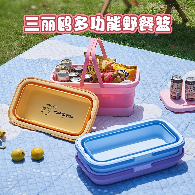 Kawaii Kuromi My Melody Cinnamoroll Folding Picnic Basket Anime Sanrio Girly Heart Cute Multifunctional Camping Storage Basket