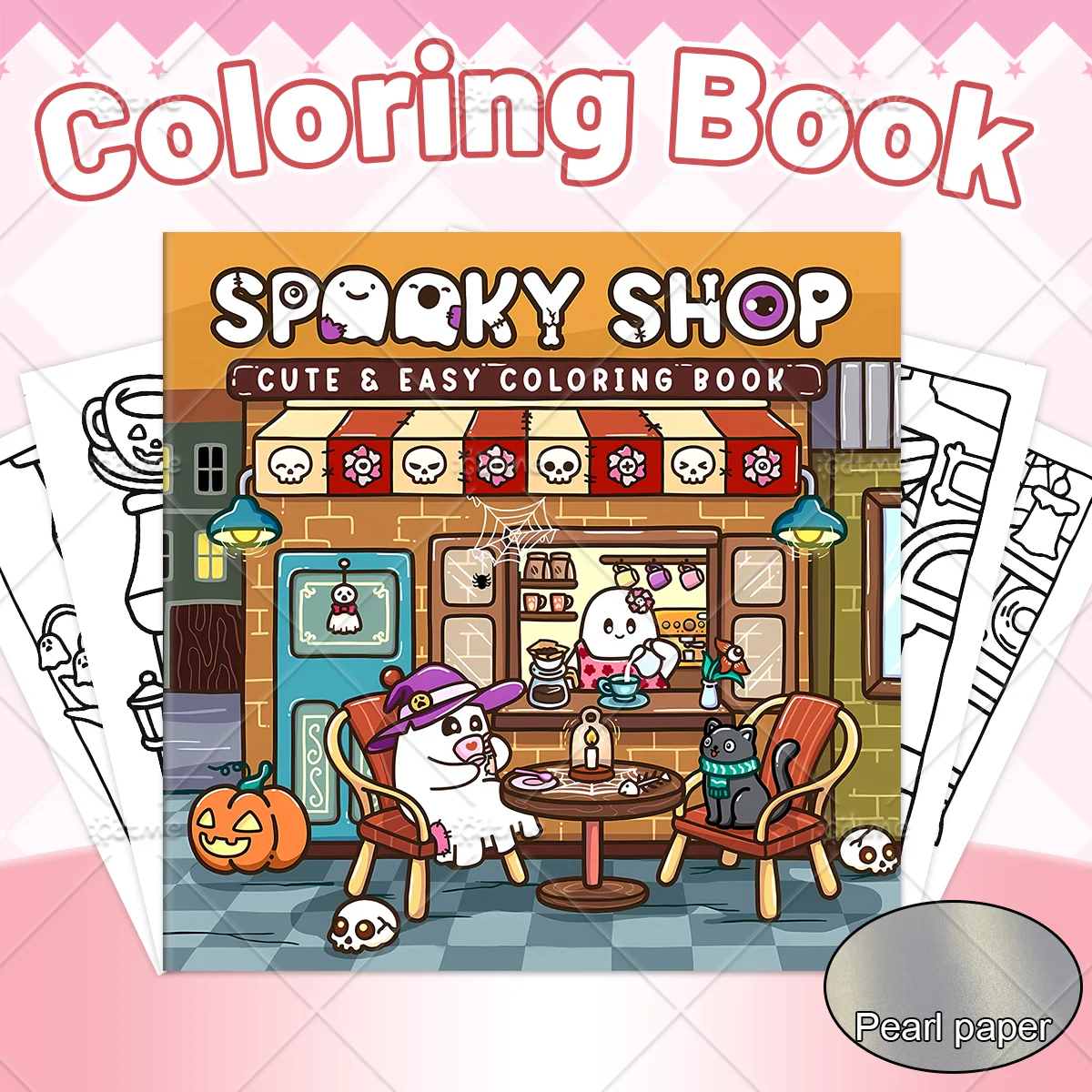 Spooky Shop Adult Coloring Book, Large Print Spooky Halloween Ghost Coffee Store, Scenes, Stress Relief Art Therapy Drawing Book