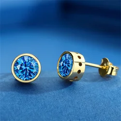Minimalist Unisex Small Round Stud Earrings For Women Men Antique Gold Color Blue Red Blue Stone Zircon Tiny Ear Studs Jewelry