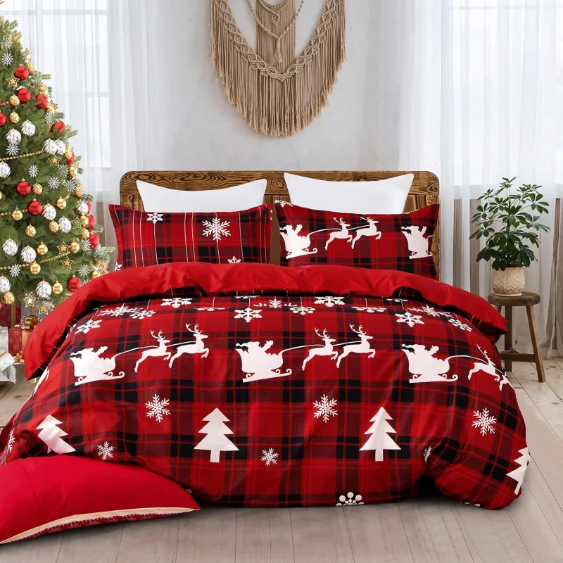 Luxury Christmas Queen Duvet Set Of 3 pieces, Featuring A Red Buffalo Checkered Reindeer Snowflake Pattern And Soft Bedding