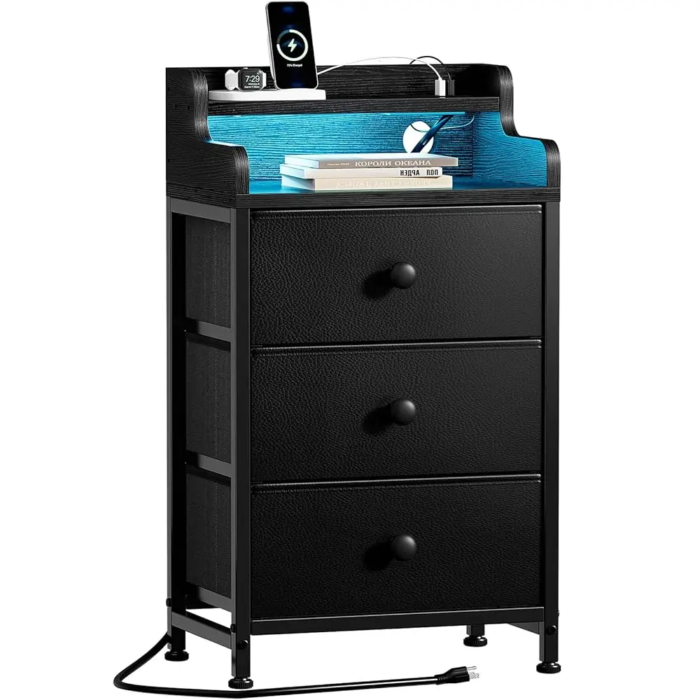 

Nightstand With Charging Station, Tall White Night Stand With 3 Drawers And 2-Tier Shelf, Bedside Table With Sturdy Steel Frame