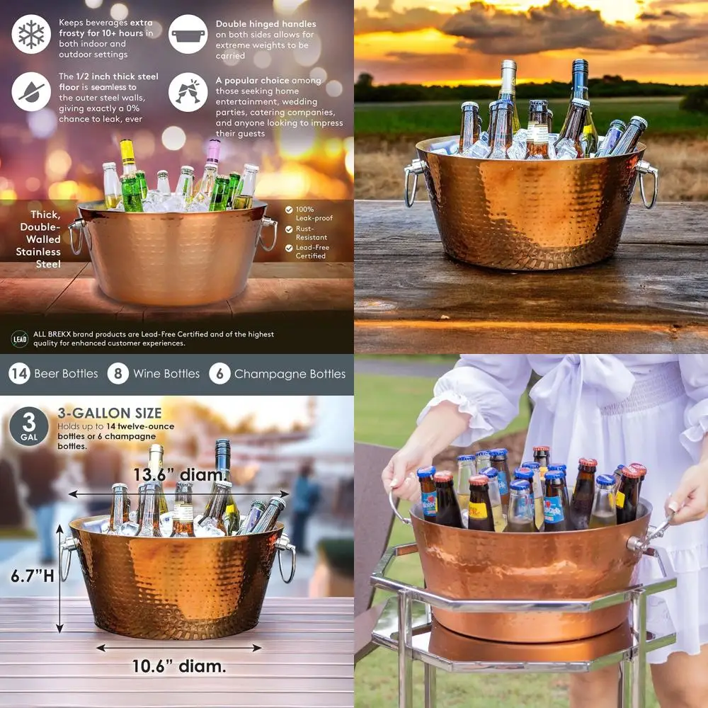 

Двухслойное изолированное медное ведро для льда с ручками, вместимостью 12 кварт, идеально подходит для вечеринок и охлаждения напитков.