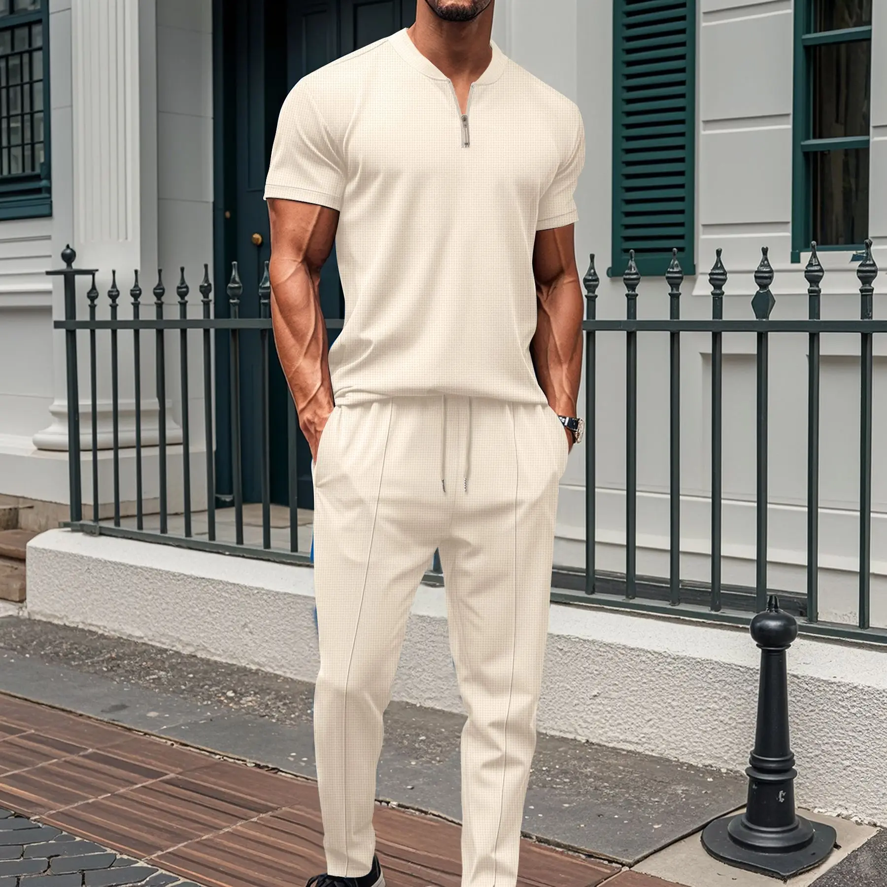 

Men's New Waffle Stand-up Collar Small Zipper Solid Color Men's Short-sleeved Trousers Suit