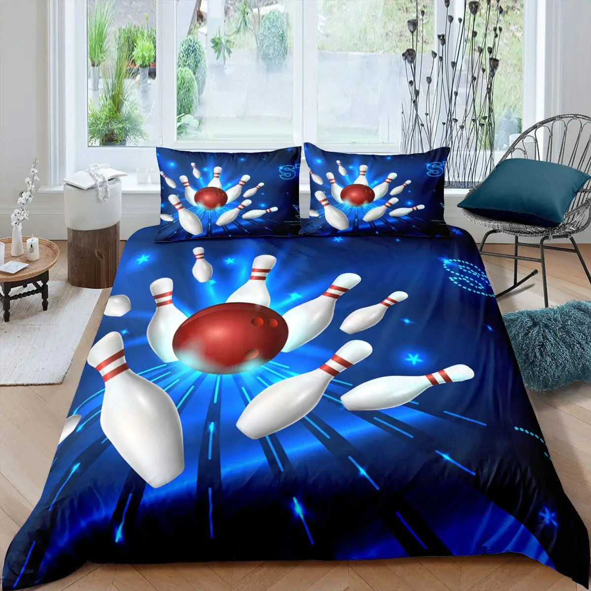 

Bowling Duvet Cover Polyester Sport Competition Quilt Cover Sports Games Starry Sky Blue Line Bedding Set Double Queen King Size