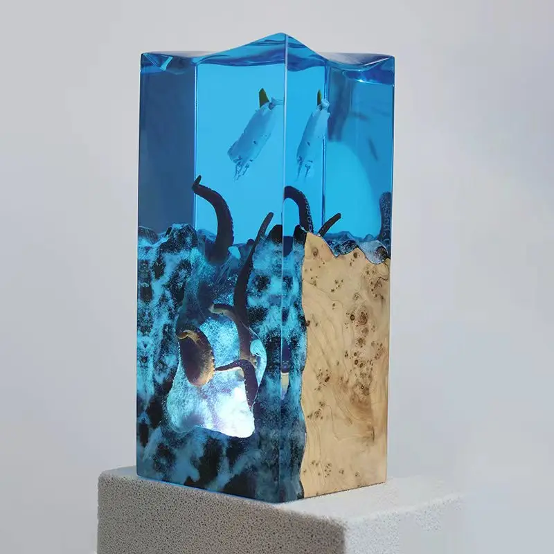 Ocean Cave Explorer Submarine Resin Night Light with Diver Wood Base