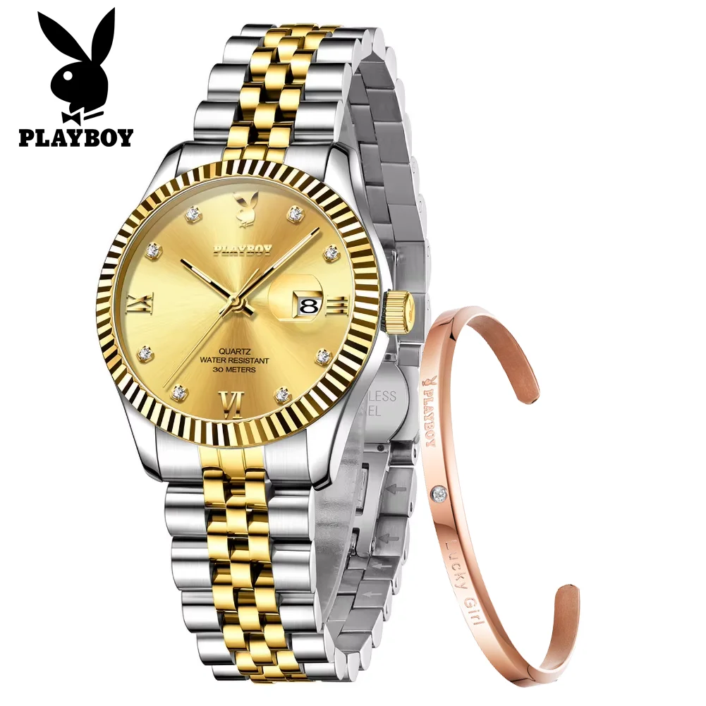 PLAYBOY Watch for Women High-end Luxury Original Solid Steel Strap Calendar Business Wristwatch Elegant Waterproof Ladies Watch