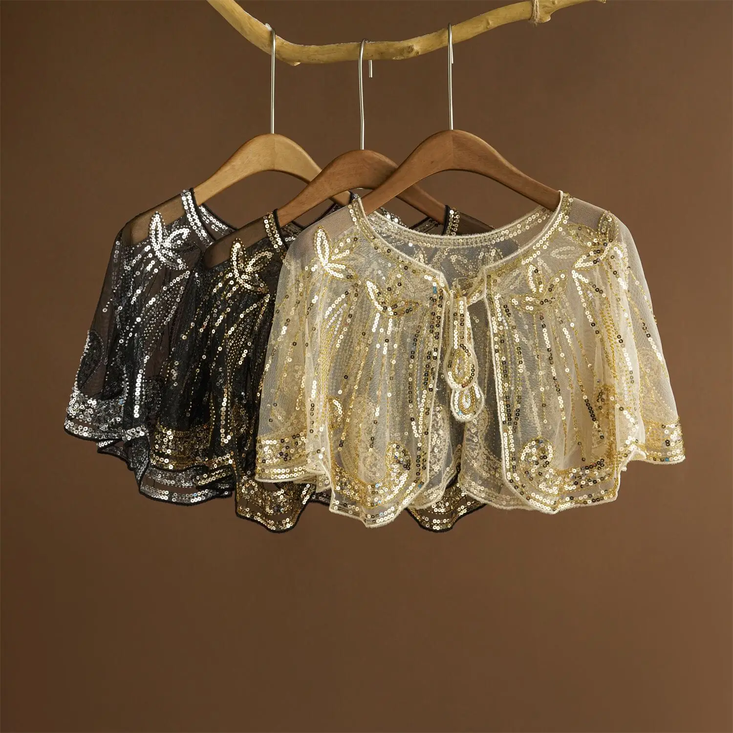 Flapper-Schal aus den 1920er-Jahre mit funkelnden Pailletten und Spitzenüberzug – schwarzer Vintage-Polyester-Mesh-Abendwickel für Hochzeiten,