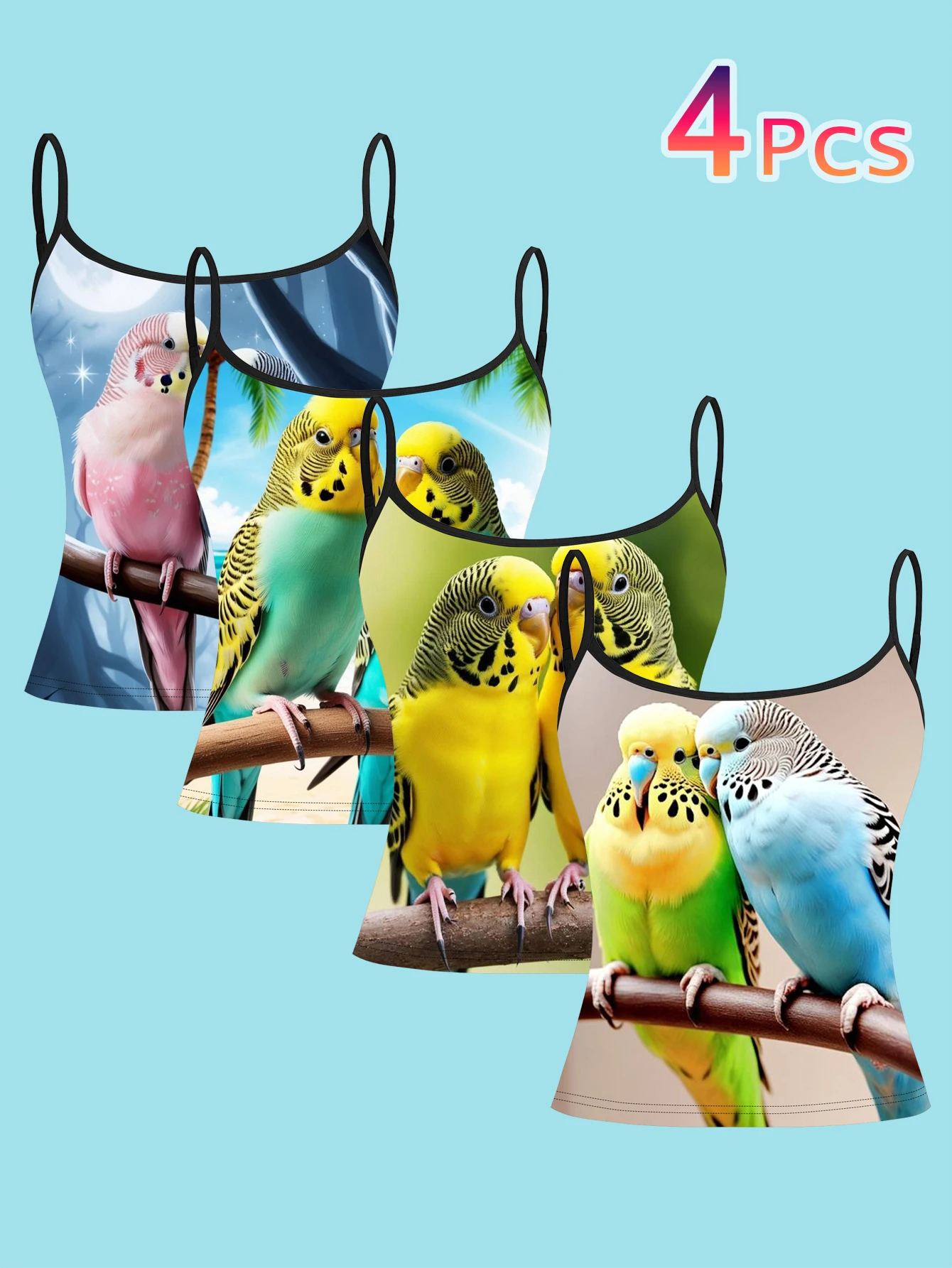 4-Piece Set of Fresh and Bright Color Parrot Print Camisole Set, Tropical Landscape Bird Print Women's Spaghetti Strap Inner Layering Top