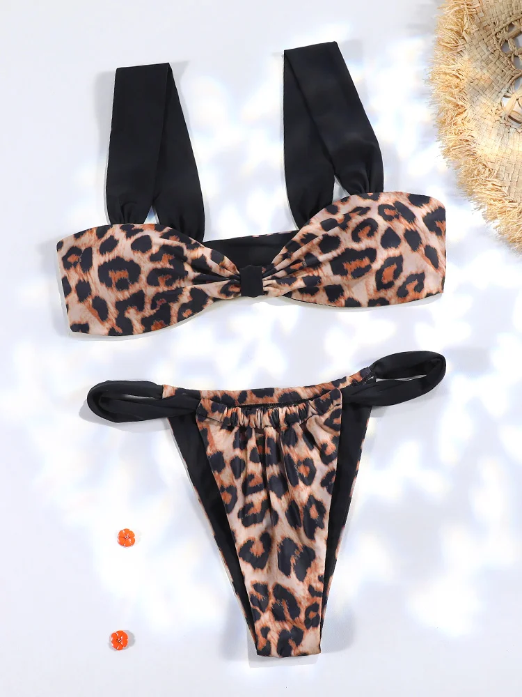 Patchwork stringi bikini 2024 seksowne kobiety Leopard stroje kąpielowe stroje kąpielowe Bikini Set strój kąpielowy kostiumy kąpielowe czarny biały