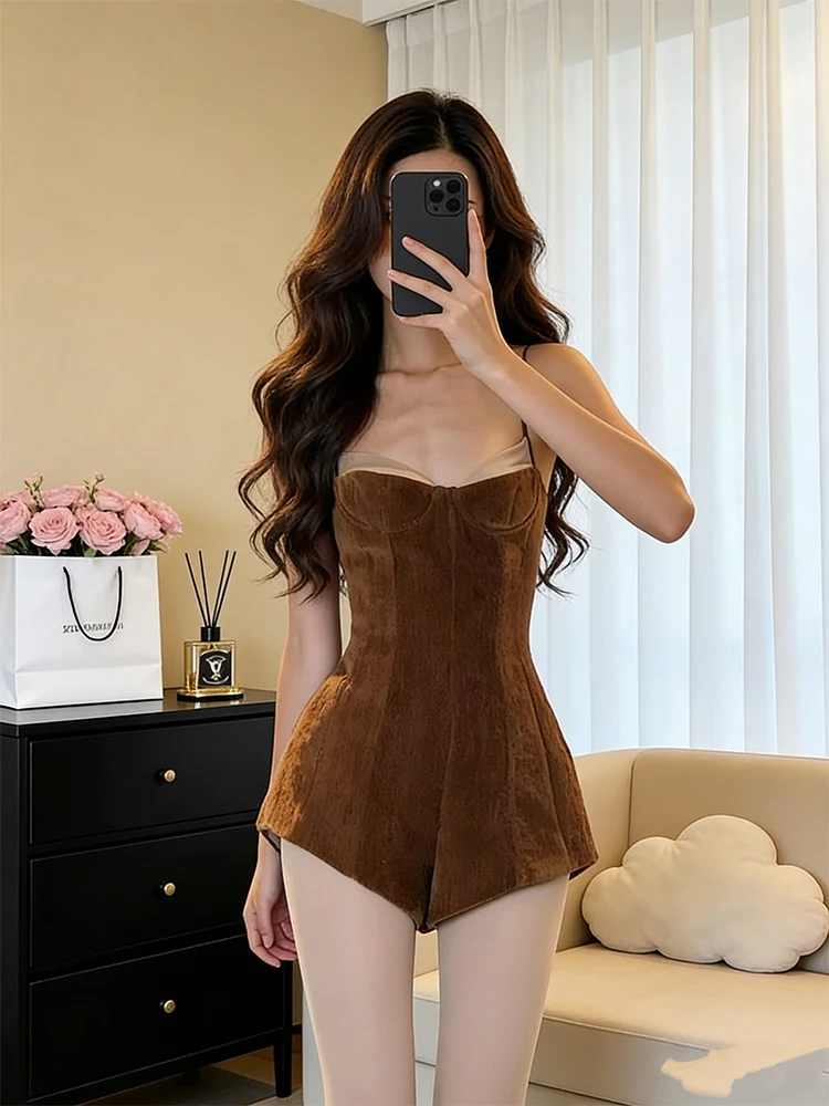 

High Waist Corduroy Color Blo Strap Jumpsuit Women's Slimming Faionable Commute Sle ort Pants Online Exclusive