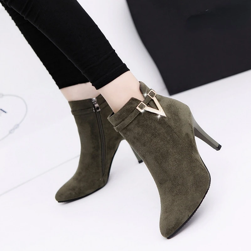 Botas Mujer Invierno  Autumn Stiletto Thin High Heels Woman Pointed Toe Pu Leather Zipper Sexy Ankle Women Boot Botines Chelsea