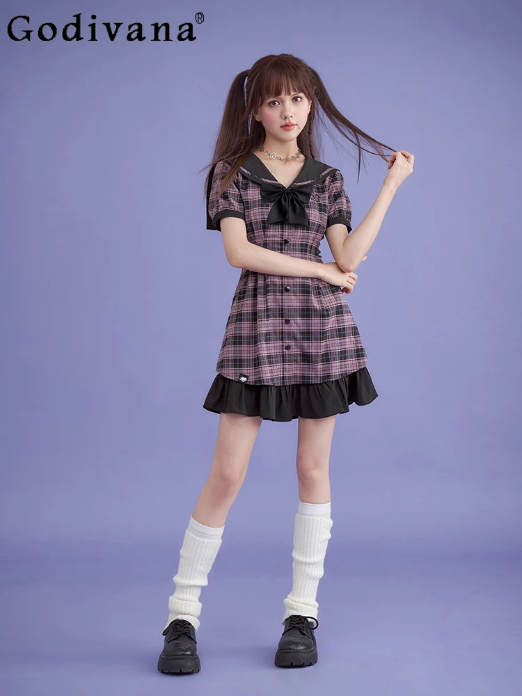

Sweet Cool Girl Pink Black Plaid Sailor Collar Elegant Bow Short Sleeve Japanese Dress Summer High Waist Ruffles Cute Dresses