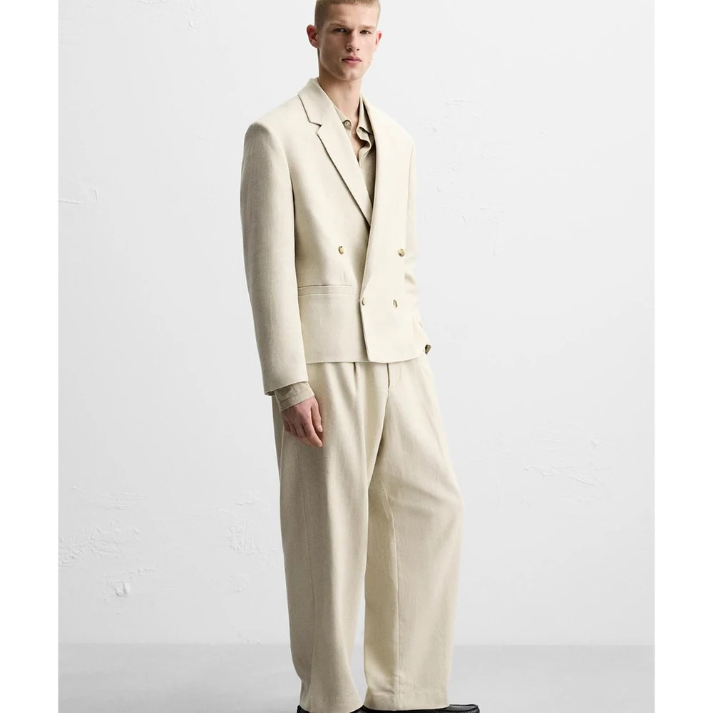 High Texture Short Double-Breasted Notch Lapel Men Suit 2 Piece Set Loose Fit Daily Office Party Male Outfit（Jacket+Pant)