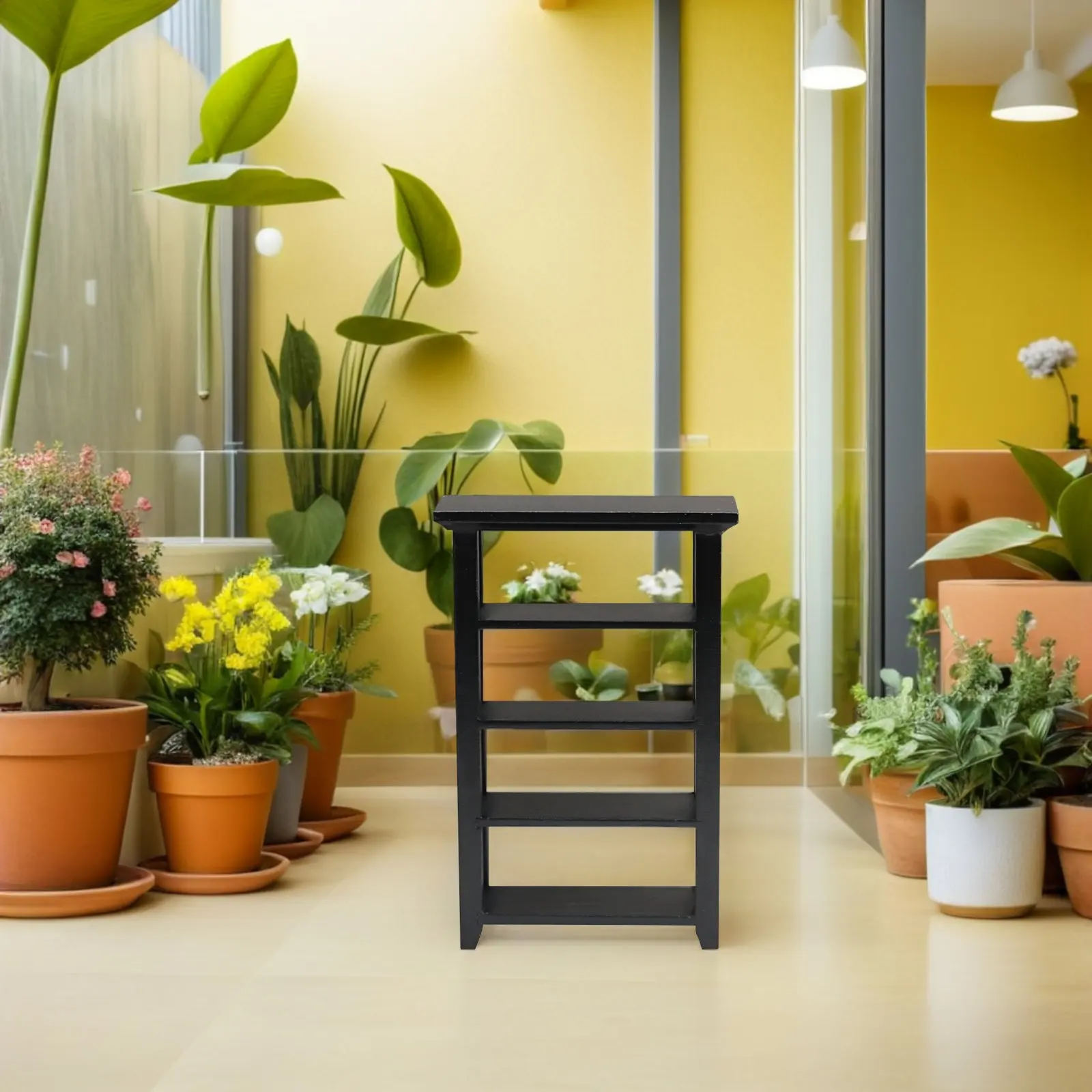 

Black Four-Layers Flower Rack Bookshelf Miniature Furniture Living Room Decor Mini House Display Shelf Decorative Flower Stand