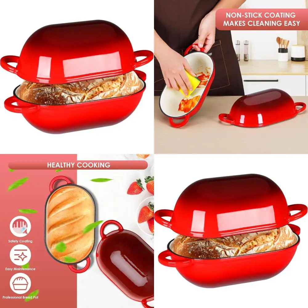 

Эмалированная чугунная голландская духовка для выпечки хлеба на закваске, безопасная в духовке с крышкой, горшок для хлеба с антипригарным покрытием, красный