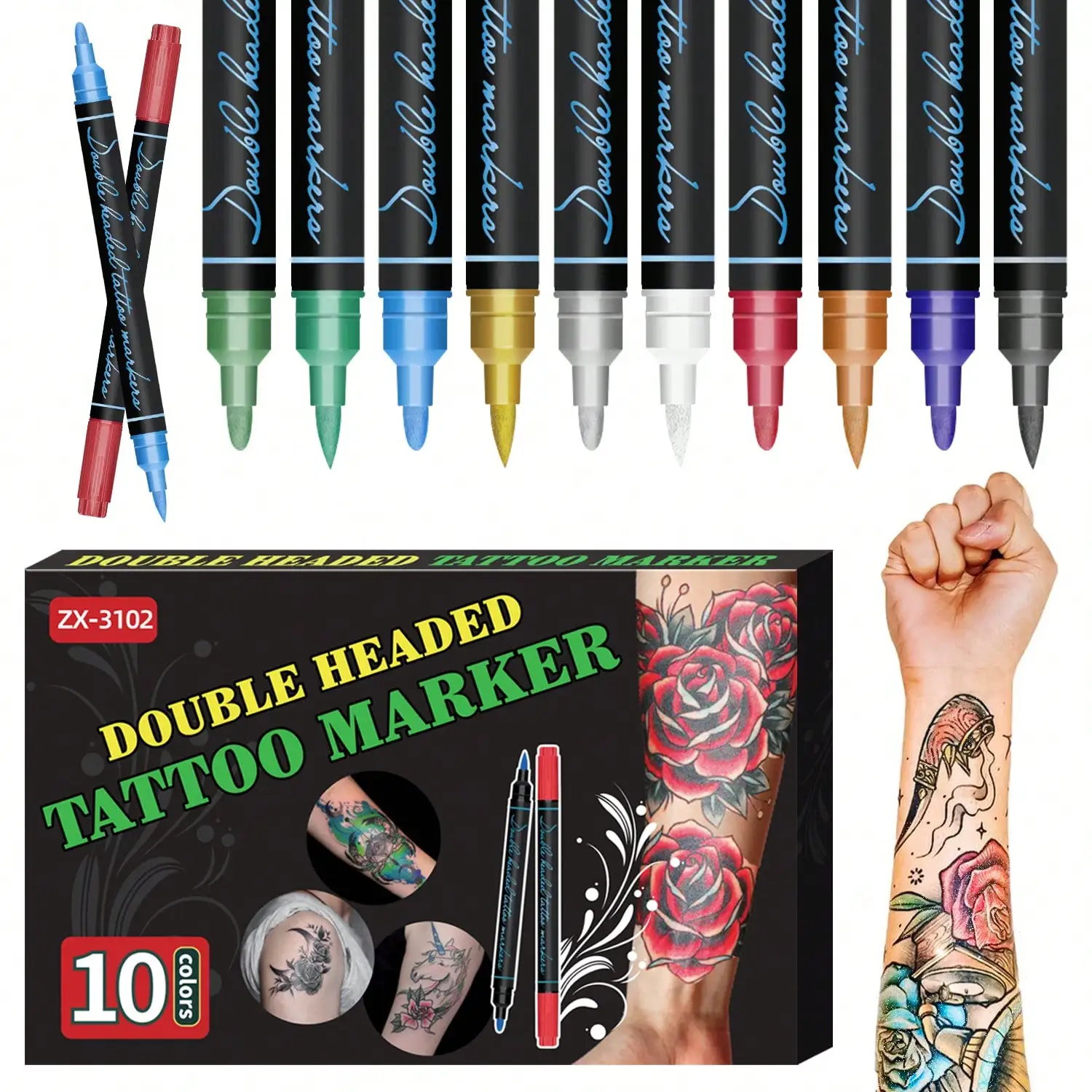 Pluma de tatuaje de 10 colores, marcador de tatuaje temporal de doble cabezal, marcado corporal Flexible, kit de maquillaje Facial respetuoso con la piel