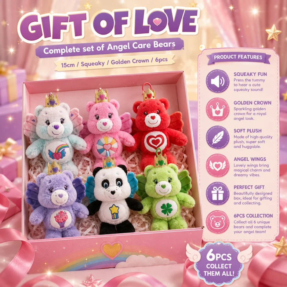 Care Bears 15cm Plush Keychain with Butterfly Wings Squeaky Sound Stuffed Bear Bag Pendant Car Ornament Kawaii Cartoon Doll Gift
