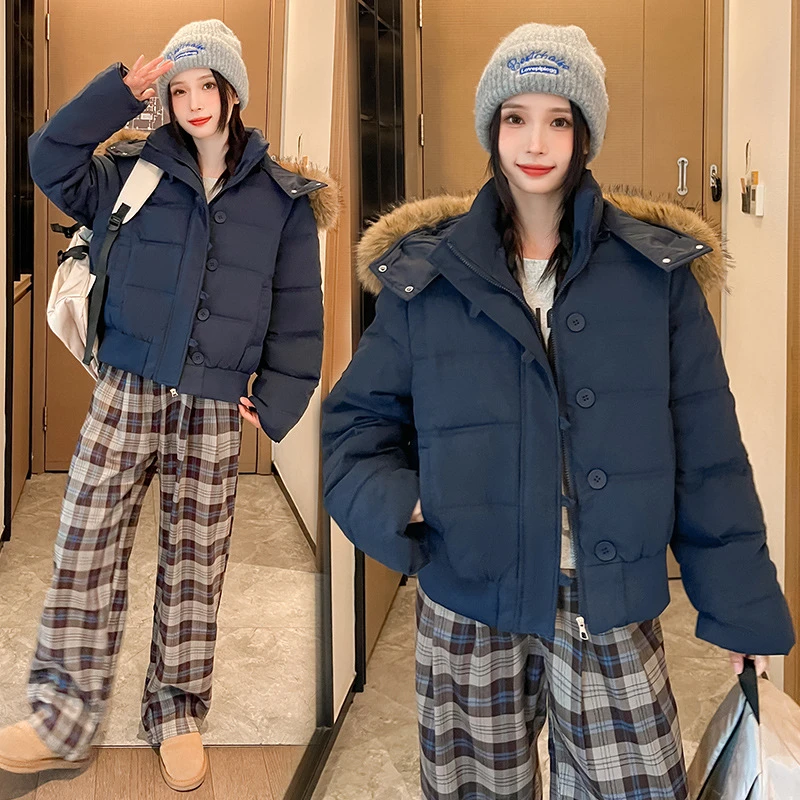 

Winter Fur Collar Hooded Short Down Cotton Padded Jacket Female 2025 European American High Waist Slim Warm Bread Clothes Trend