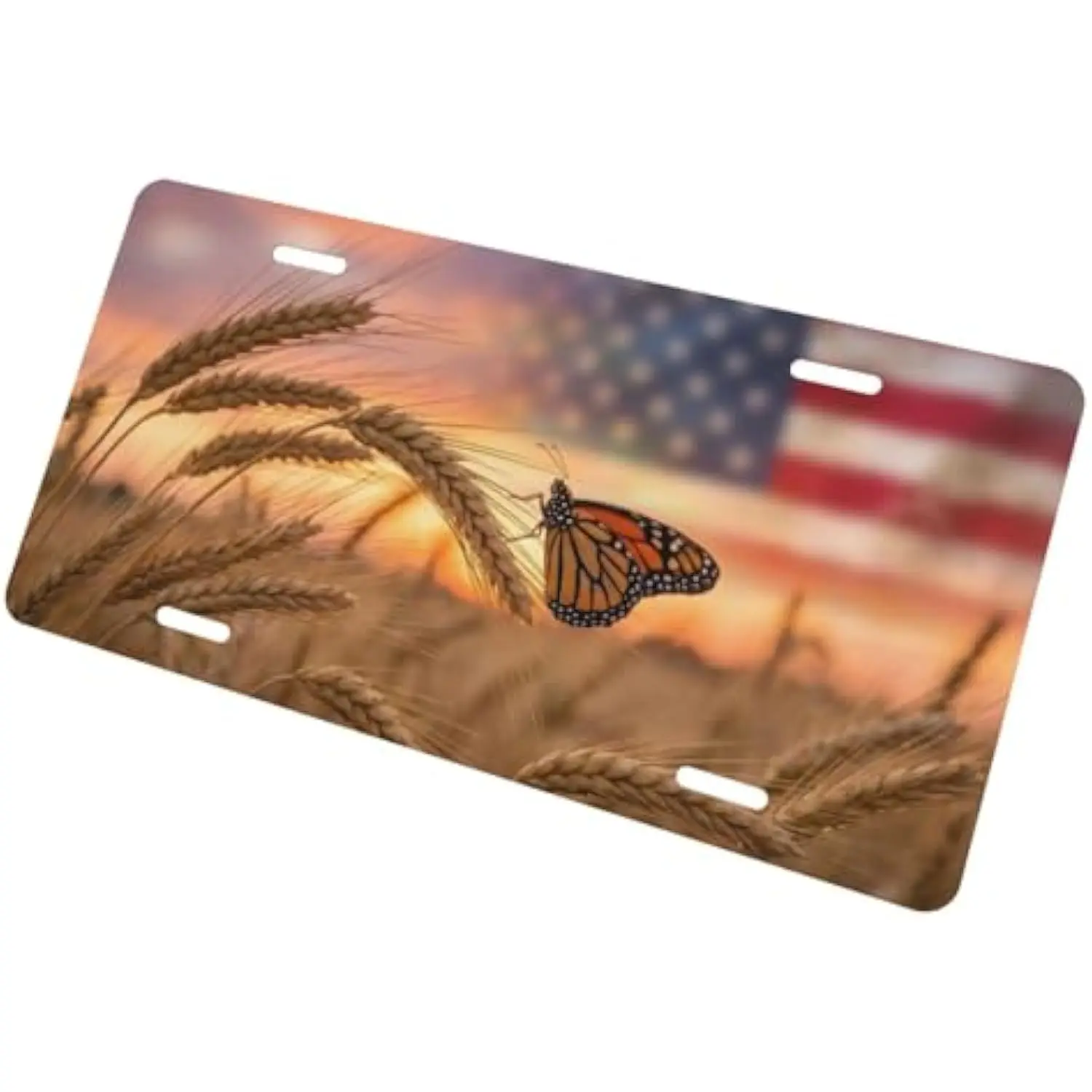 USA Flag Butterfly Wheat Field License Plate Aluminum Patriotic American Flag Sunset Decorative Vanity Tag