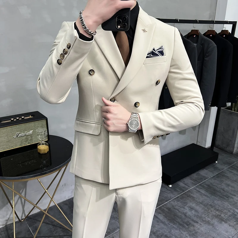 (Jackets+Vest+Pants) Men Spring High Quality Business Suits Male Slim Solid Color Double Breasted Groom\'s Wedding Dress Blazes