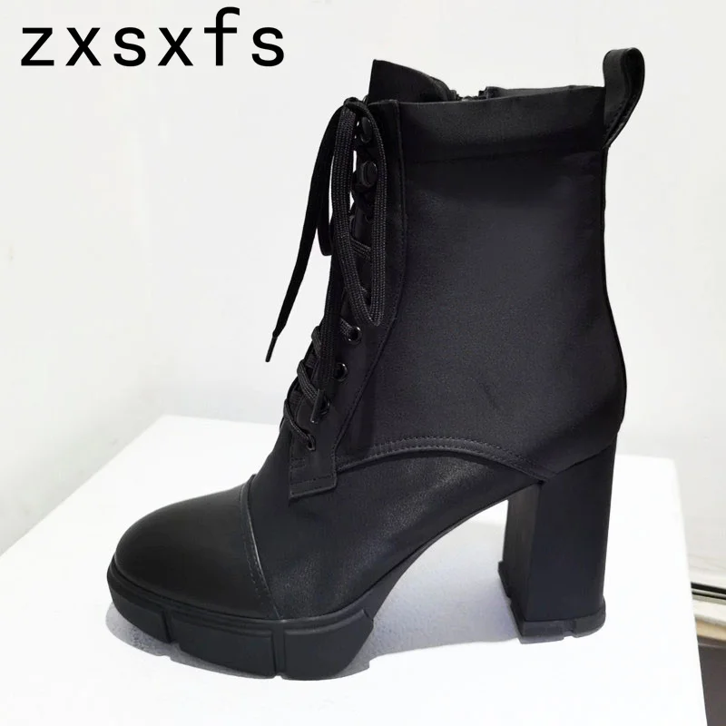 

2022 Chunky Heels Platform Combat Boots Women Black Lace-up Ankle Boots Motorcycle Boots Winter Luxury Brand Shoes Botas Mujer