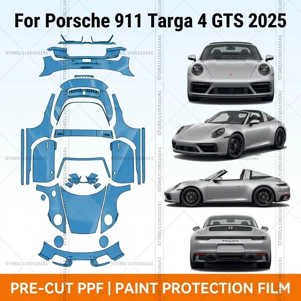 

Предварительно нарезанная прозрачная защитная пленка PPF для бампера, автомобильная защитная пленка Clear Bra для Porsche 911 Targa 4 GTS 2025