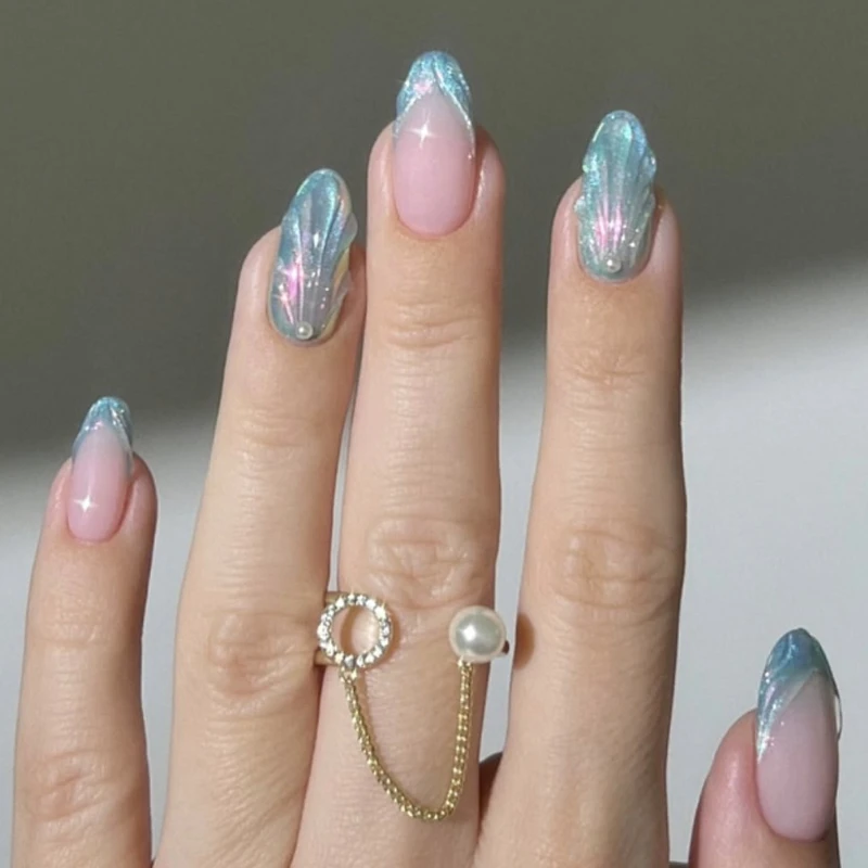

Блестящие синие розовые кошачий глаз 3D Shell Water Ripple Nail Art Pearl Sparkling Накладные ногти Съемные готовые накладные ногти Пресс на ногти