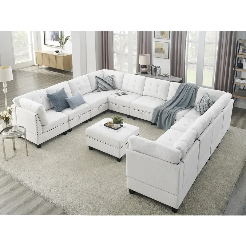 U shape Modular Sectional Sofa，DIY Combination，includes Seven Single Chair， Four Corner and One Ottoman，Ivory