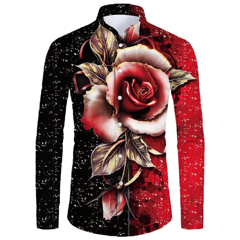 Rose Floral Pattern Hawaiian Shirts For Men Colorful 3D Printed Blouse Casual Loose Aloha Shirts Long Sleeves Tops Streetwear