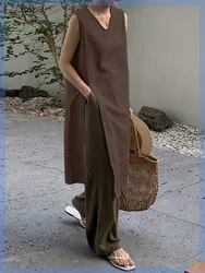 Women's Summer Casual Long Linen Tank Dress Split Hem Sleeveless V Neck Midi Sundress Simple Holiday Sarafans